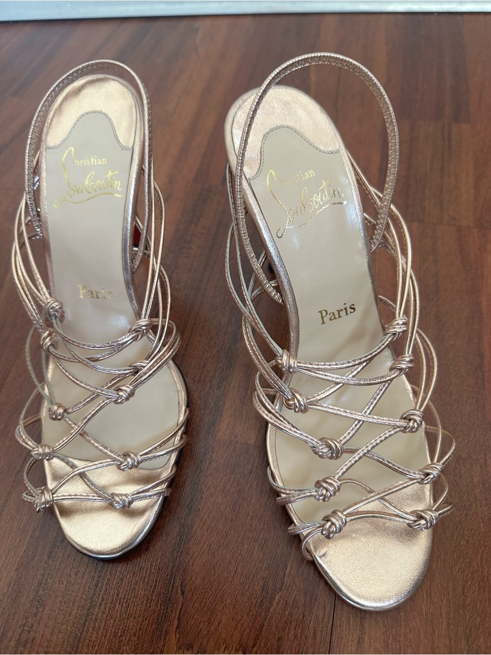 Christian Louboutin Rose Gold Knotted Strappy Slingback Heels